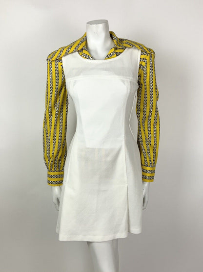 VINTAGE 60s 70s WHITE SILVER MOD PINAFORE APRON PINNY DRESS 10 12
