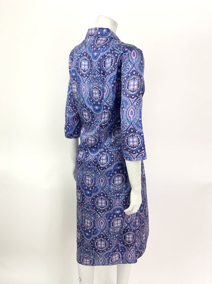 VINTAGE 60s 70s PURPLE BLUE PINK ARABESQUE FLORAL PSYCHEDELIC SHIRT DRESS 16 18