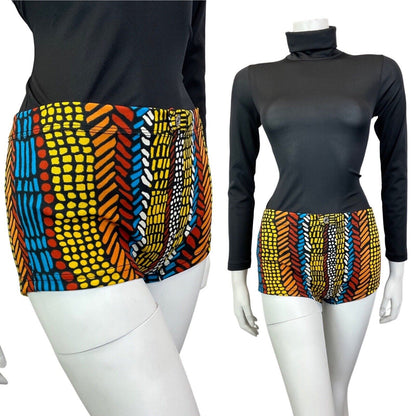 VINTAGE 60s 70s BLACK BLUE YELLOW GEOMETRIC DASH DOTTY HIPSTER SWIM SHORTS 10 12