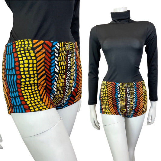 VINTAGE 60s 70s BLACK BLUE YELLOW GEOMETRIC DASH DOTTY HIPSTER SWIM SHORTS 10 12