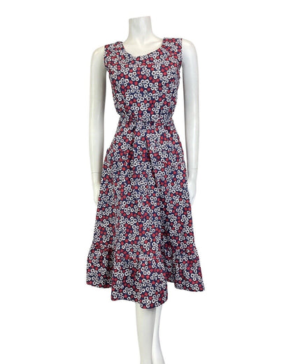 VINTAGE 60s 70s BLUE RED WHITE DAISY FLOWER SLEEVELESS SWING SUMMER DRESS 8