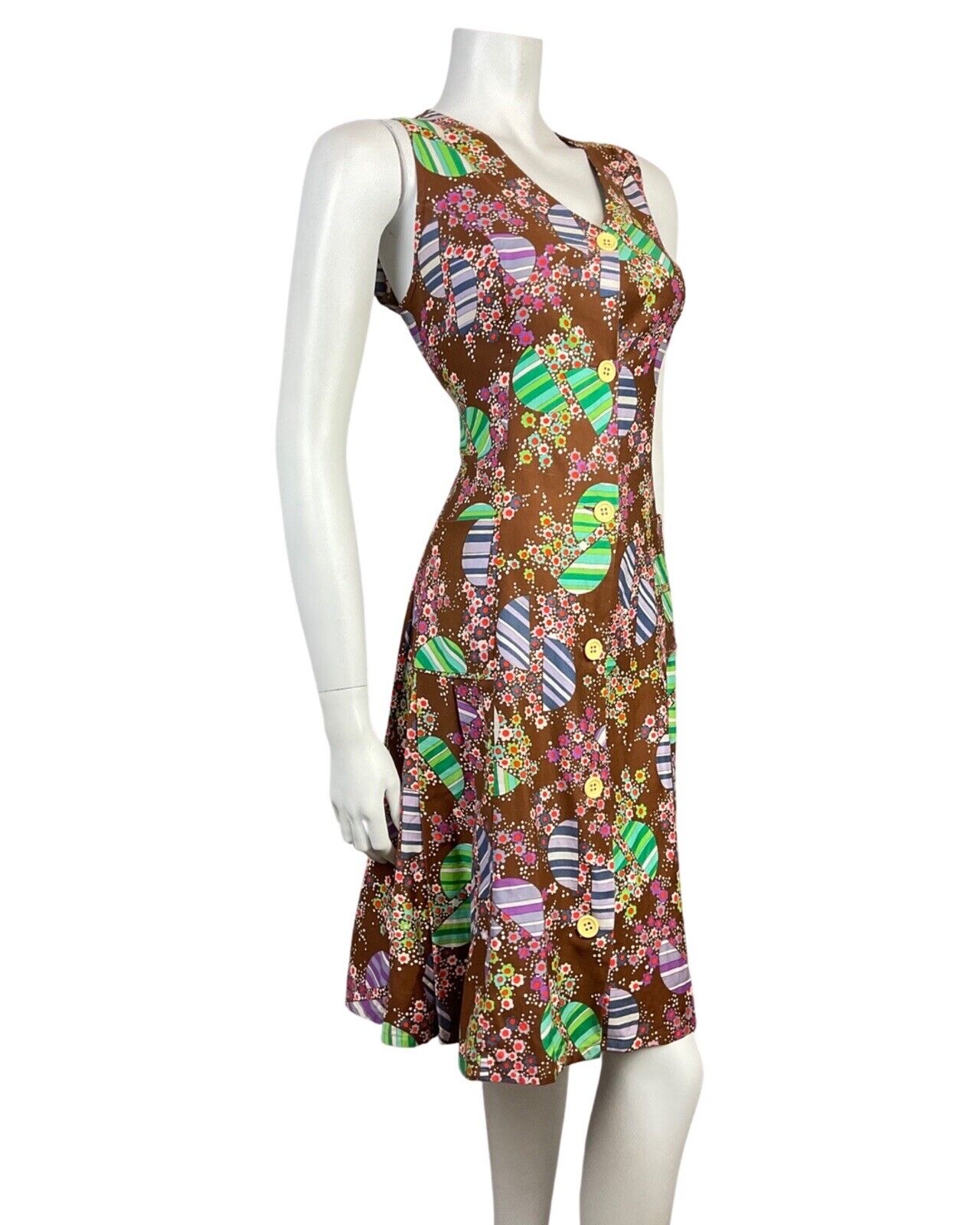 VINTAGE 60s 70s BROWN GREEN PURPLE PSYCHEDELIC DAISY DOTTY MOD DRESS 10 12