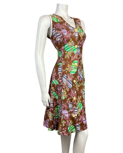 VINTAGE 60s 70s BROWN GREEN PURPLE PSYCHEDELIC DAISY DOTTY MOD DRESS 10 12