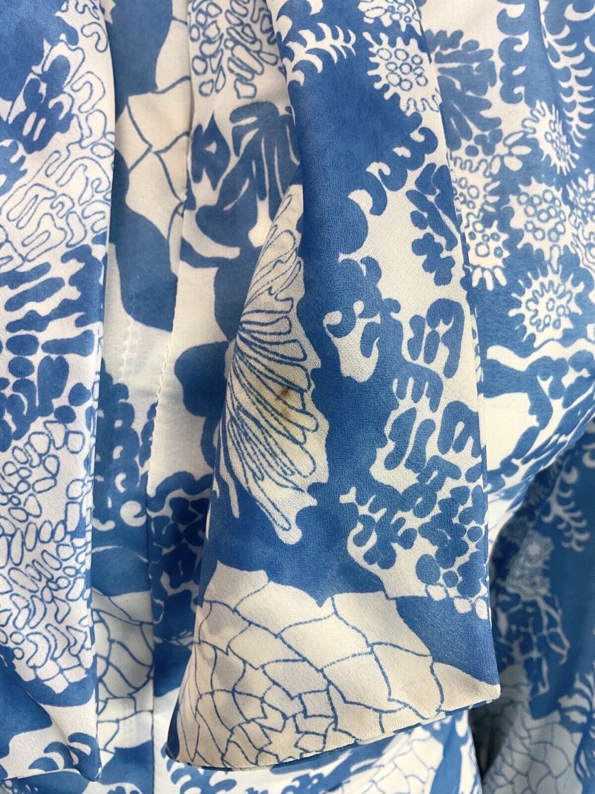 VINTAGE 60s 70s BLUE WHITE PSYCHEDELIC FLORAL PUSSYBOW SHEER SWING DRESS 12 14