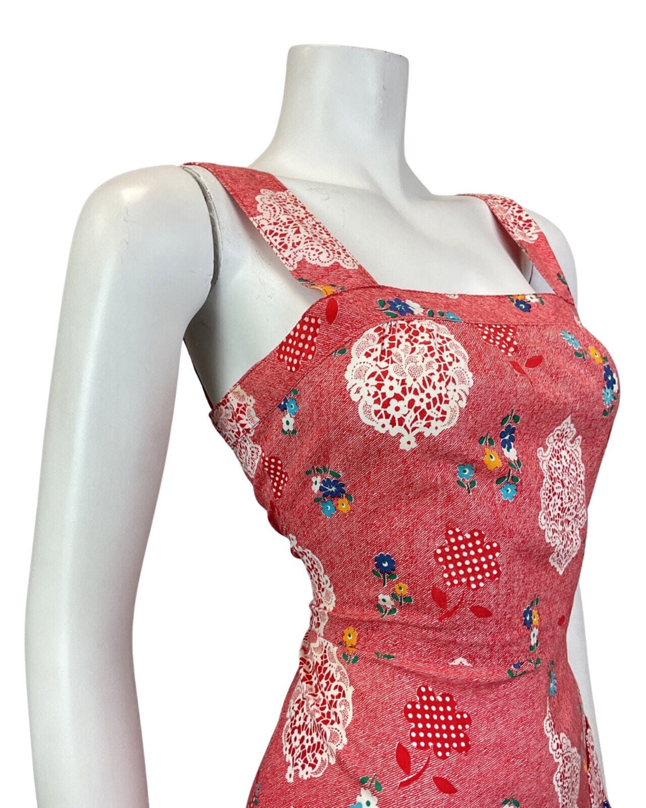 VINTAGE 60s 70s RED WHITE STRIPED DITSY FLOWER LACE PRAIRIE APRON SUN DRESS 8