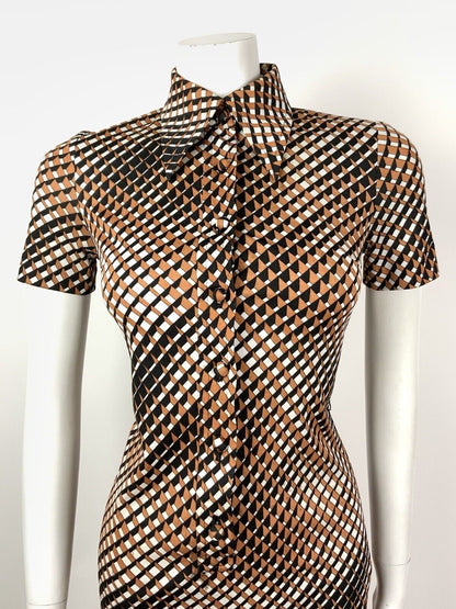 VINTAGE 60s 70s BROWN BLACK WHITE OP-ART GEOMETRIC MOD DAGGER SHIRT DRESS 8
