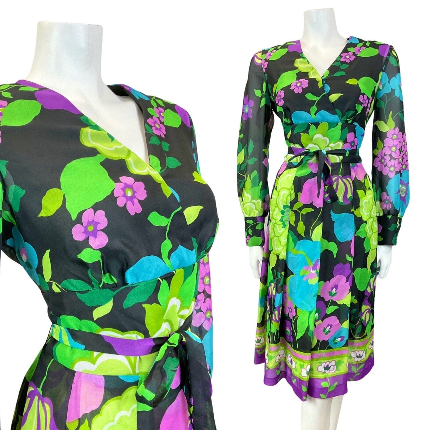 VINTAGE 60s 70s BLACK GREEN PURPLE FLORAL SHEER FLOATY SWING DRESS 14 16