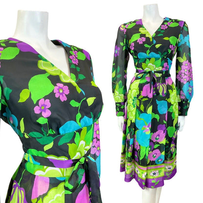 VINTAGE 60s 70s BLACK GREEN PURPLE FLORAL SHEER FLOATY SWING DRESS 14 16