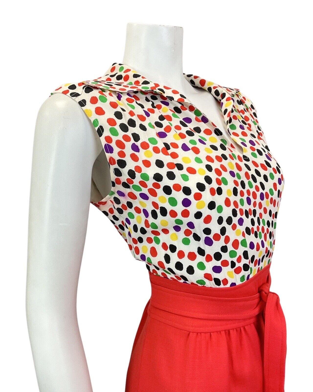 VINTAGE 60s 70s RED WHITE BLACK SPOTTED DOTTY WING COLLAR SHIRT DRESS 14 16