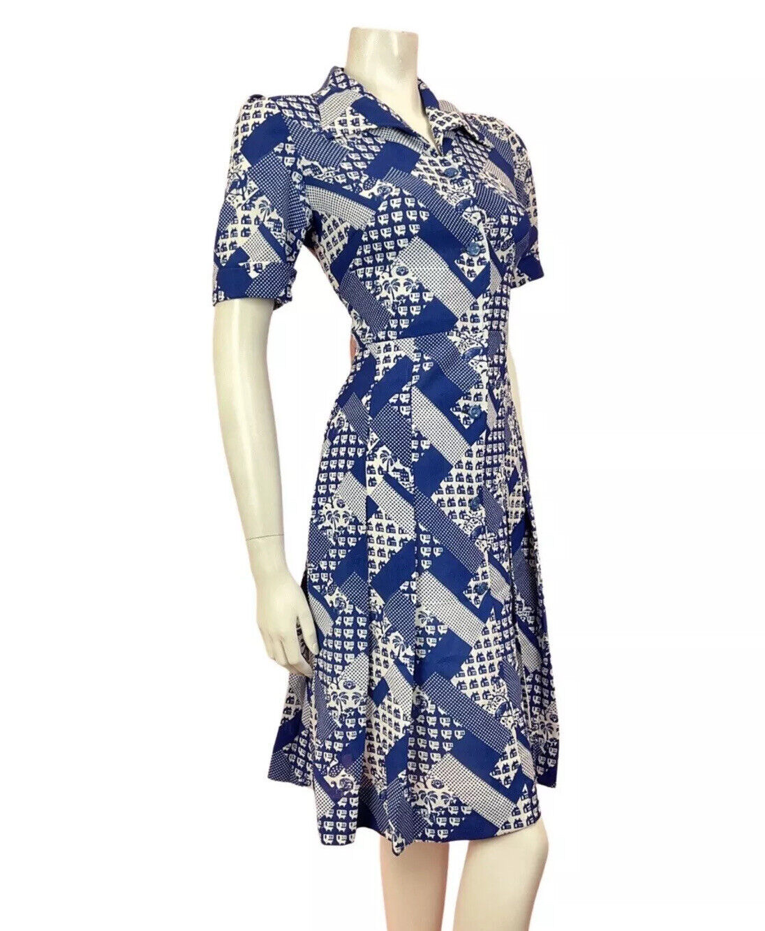 VTG 60s 70s BLUE WHITE GEOMETRIC POLKA-DOT PALM TREE MOD DAGGER SHIRT DRESS 10