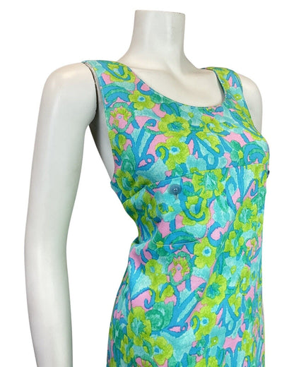VINTAGE 60s 70s BLUE GREEN PINK PSYCHEDELIC SUMMER PINAFORE A-LINE DRESS 8