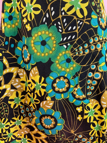 VINTAGE 60s 70s BLACK GREEN YELLOW PSYCHEDELIC FLORAL MANDALA SHIRT DRESS 10 12