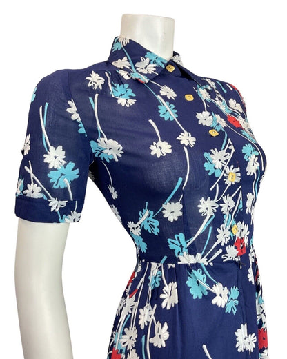 VINTAGE 60s 70s BLUE WHITE RED FLORAL MOD DAGGER COLLAR SHIRT DRESS 8
