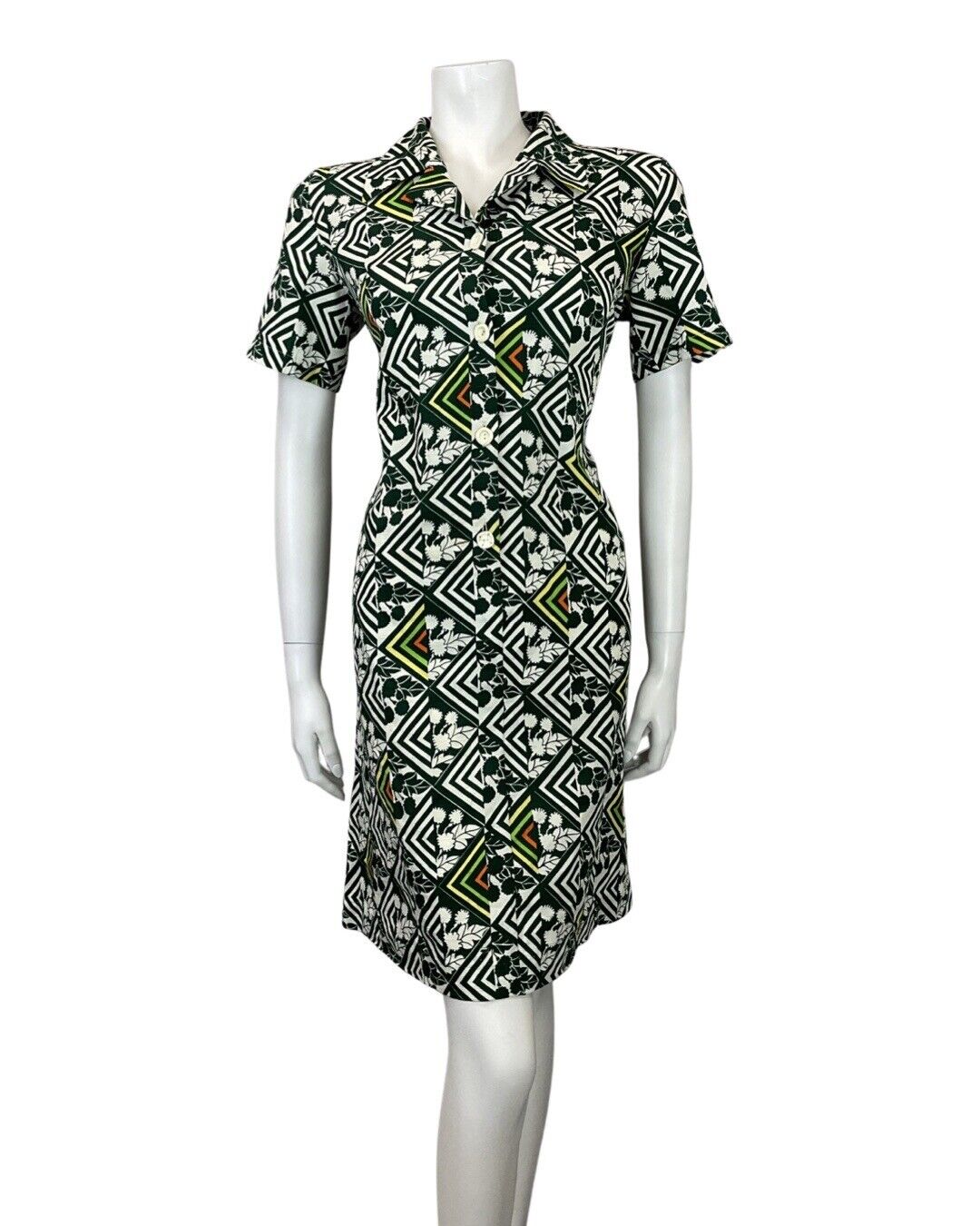 VINTAGE 60s 70s GREEN WHITE YELLOW GEOMETRIC BERRY FLORAL MOD SHIRT DRESS 12 14