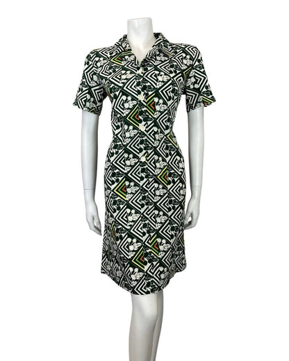 VINTAGE 60s 70s GREEN WHITE YELLOW GEOMETRIC BERRY FLORAL MOD SHIRT DRESS 12 14