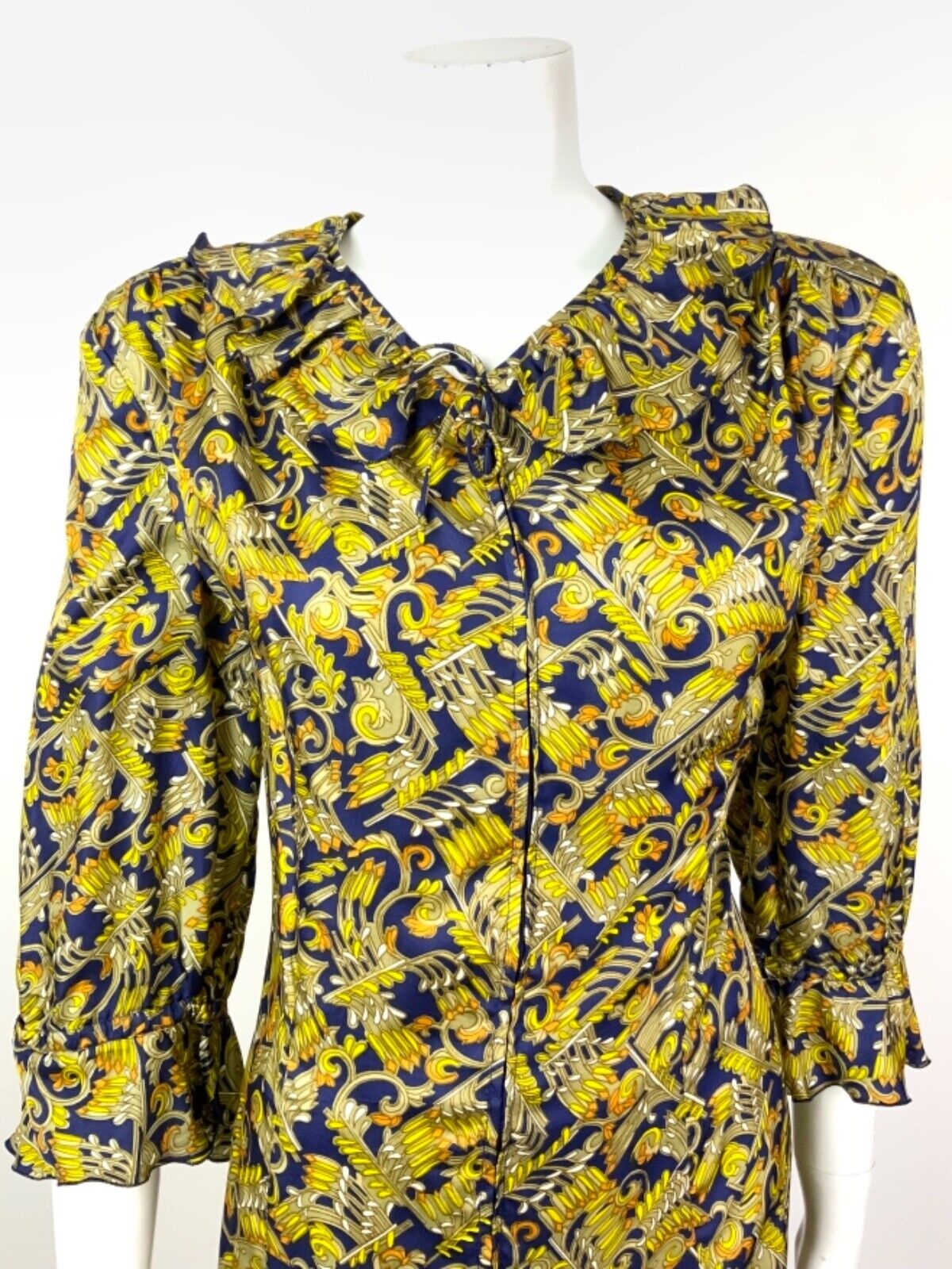 VINTAGE 60s 70s BLUE BEIGE YELLOW ORANGE SWIRL PSYCHEDELIC RUFFLE DRESS 16