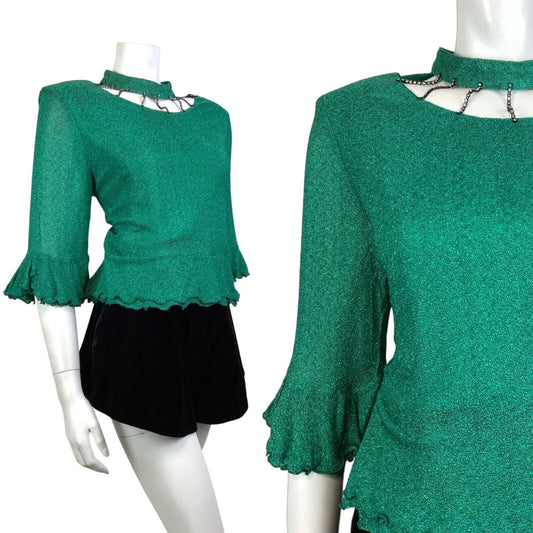 VINTAGE 60s 70s METALLIC GREEN DIAMANTE CUT-OUT RUFFLED DISCO PARTY TOP 16