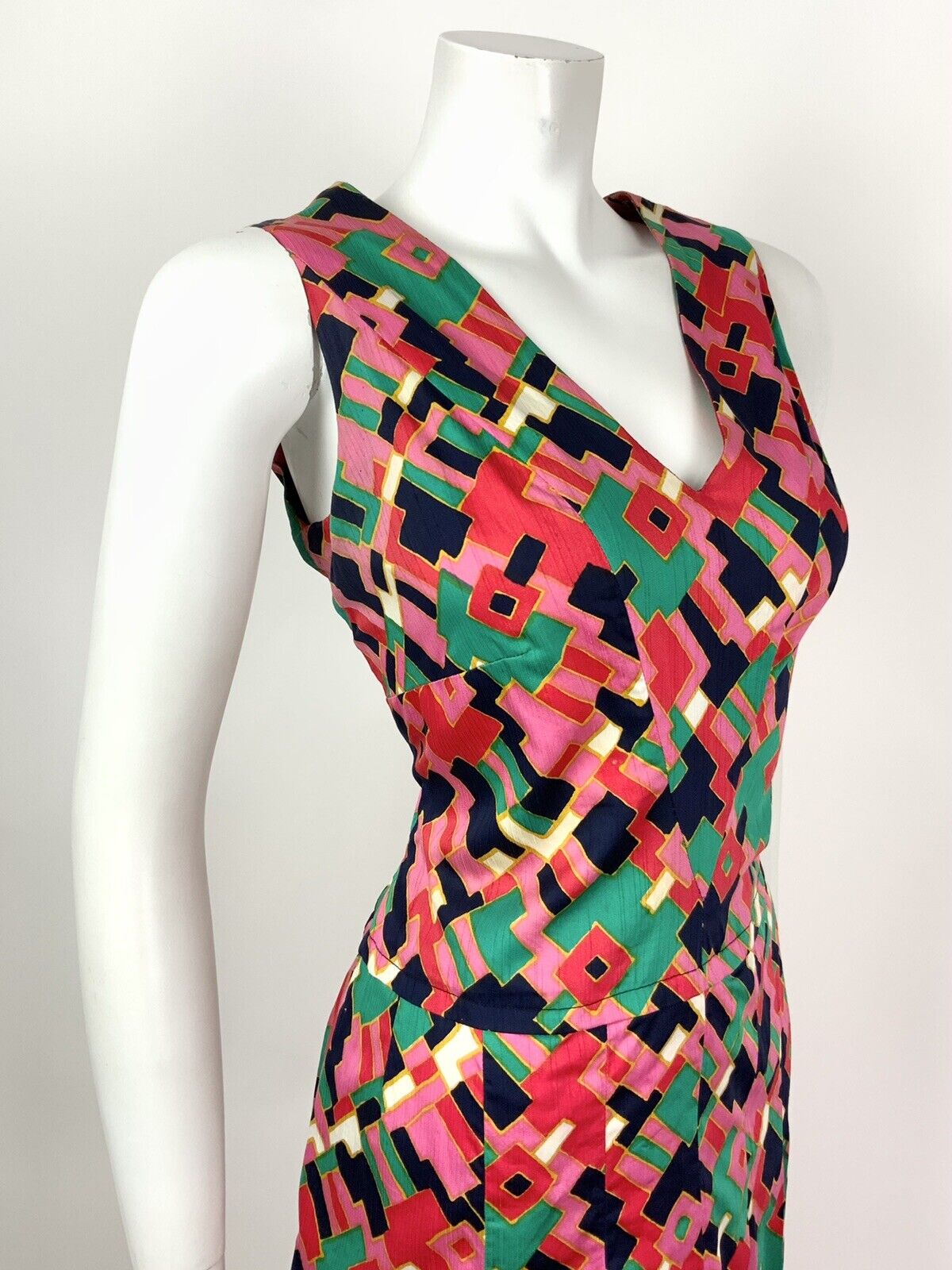 VTG 60s 70s PINK BLUE GREEN GOLD GEOMETRIC PSYCHEDELIC SLEEVELESS DRESS 12 14