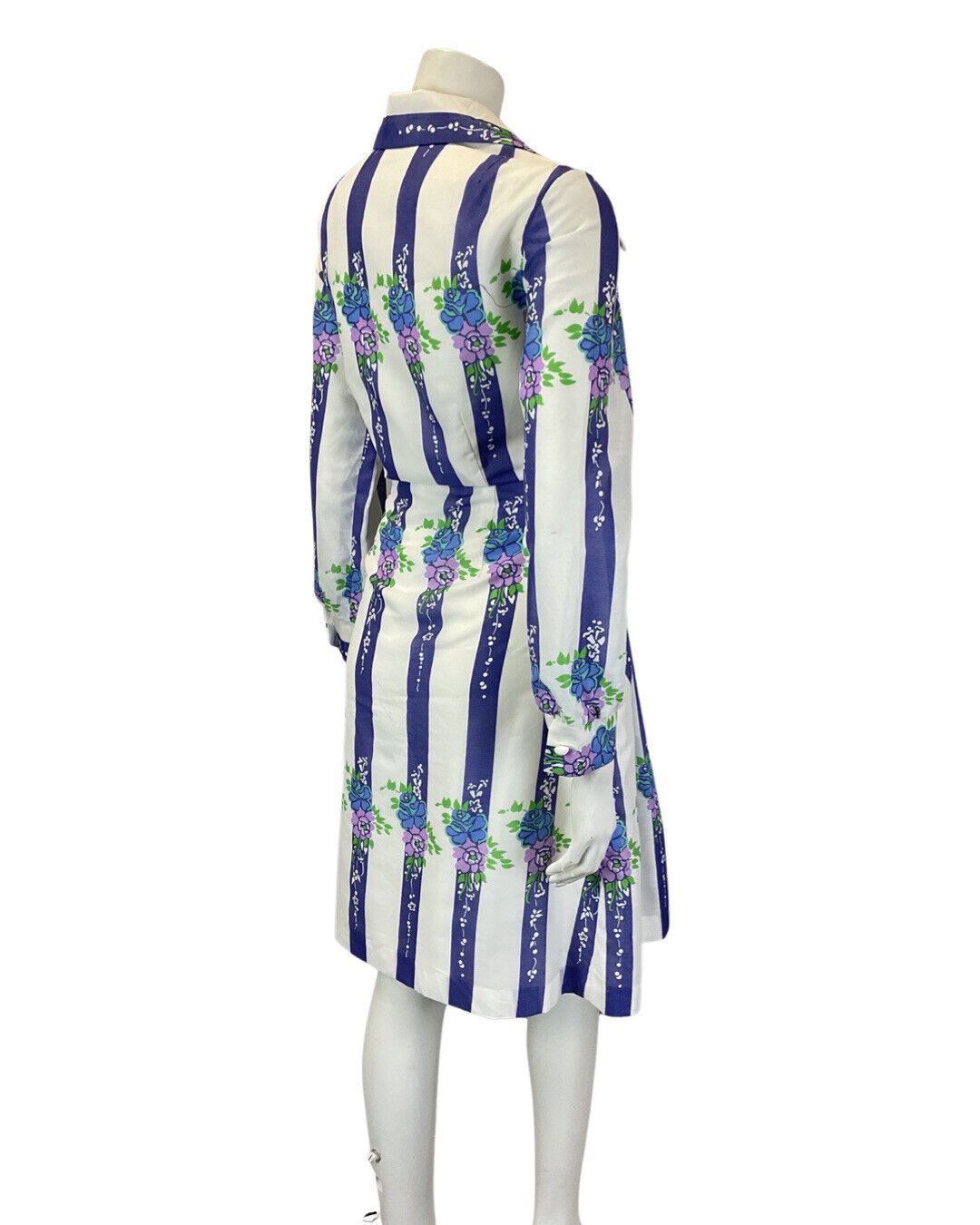 VINTAGE 60s 70s WHITE PURPLE BLUE STRIPED FLORAL WING COLLAR SHIRT DRESS 12 14
