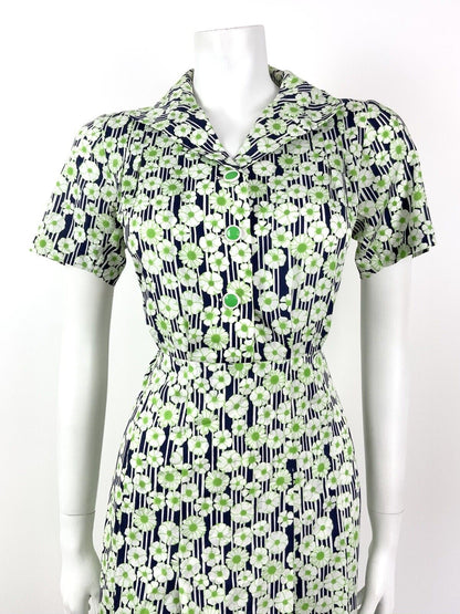 VINTAGE 60s 70s GREEN BLUE WHITE STRIPED FLORAL DAISY MOD SHIRT DRESS 12 14