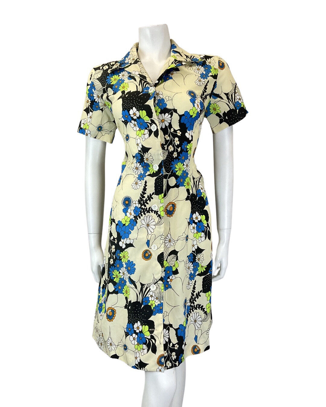VINTAGE 60s 70s CREAM BLUE BLACK PSYCHEDELIC FLOWER MOD SHIRT DRESS 10 12