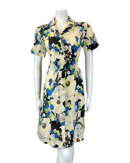 VINTAGE 60s 70s CREAM BLUE BLACK PSYCHEDELIC FLOWER MOD SHIRT DRESS 10 12