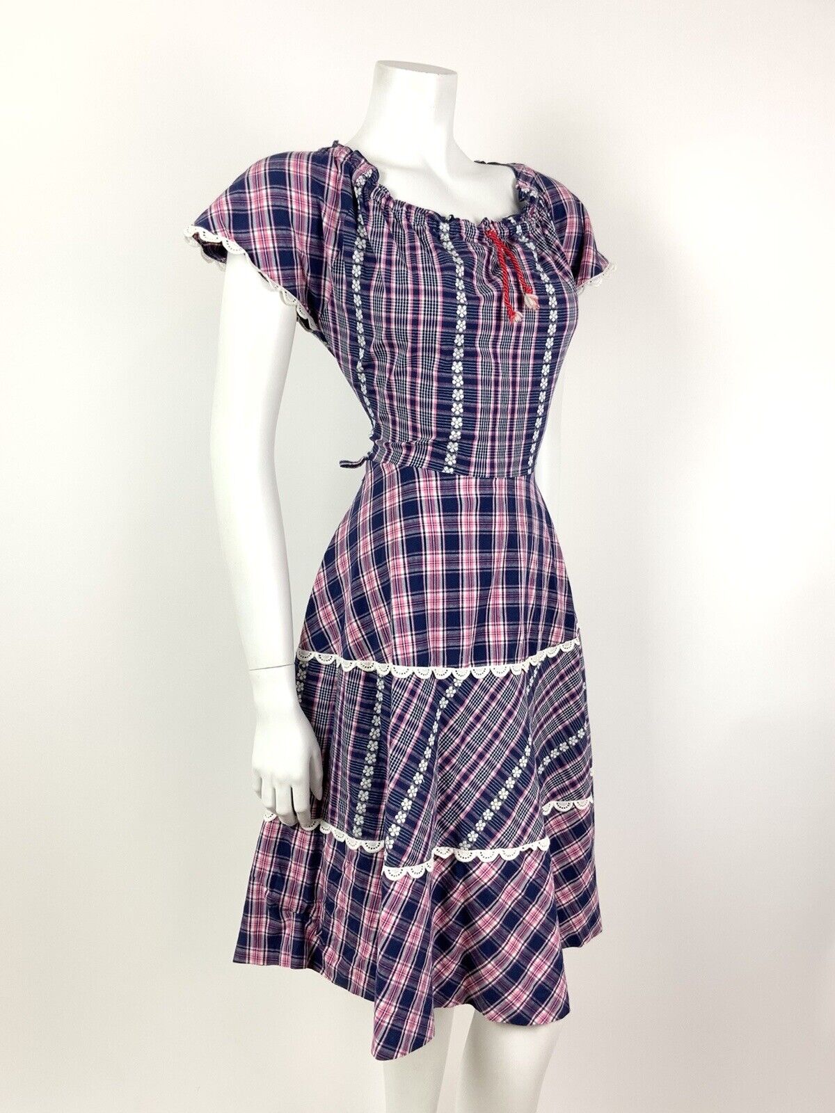 VTG 60s 70s BLUE PINK WHITE TARTAN PLAID FLORAL EMBROIDERED LACE PRAIRIE DRESS 8