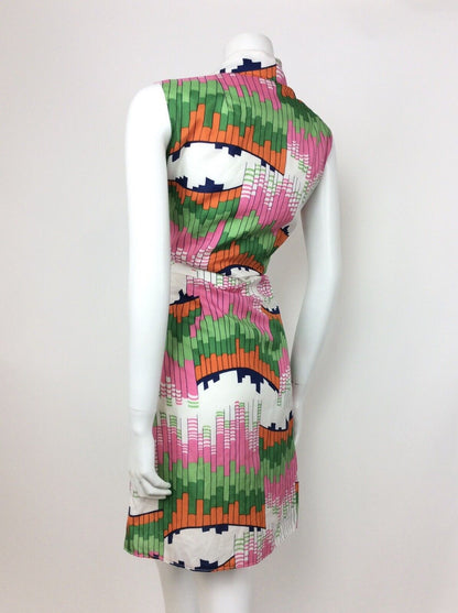 VTG 60s 70s GEOMETRIC ABSTRACT WHITE GREEN PINK ORANGE BLUE SHIRT DRESS 10 12