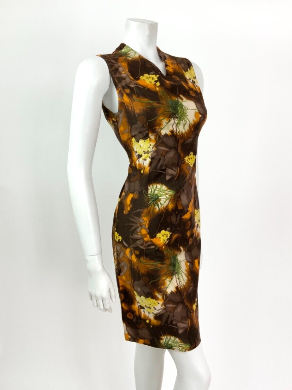 VINTAGE 60s 70s BROWN ORANGE YELLOW GREEN FLORAL PSYCHEDELIC SLEEVELESS DRESS 8