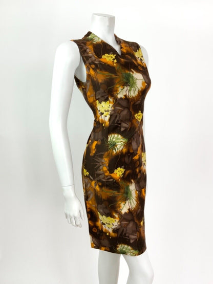 VINTAGE 60s 70s BROWN ORANGE YELLOW GREEN FLORAL PSYCHEDELIC SLEEVELESS DRESS 8