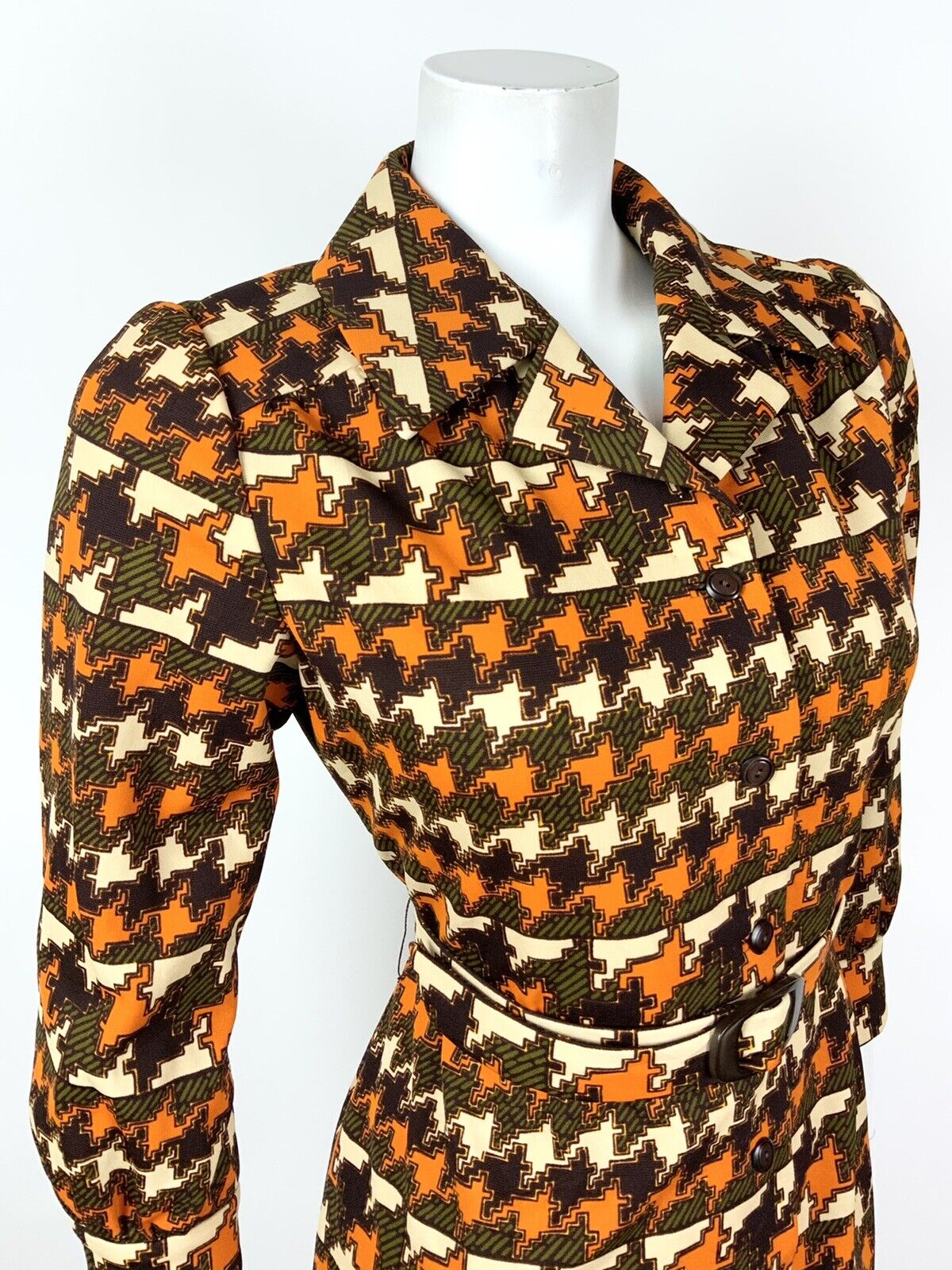 VINTAGE 60s 70s ORANGE BROWN GREEN CREAM GEOMETRIC HOUNDSTOOTH SHIRT DRESS 12 14