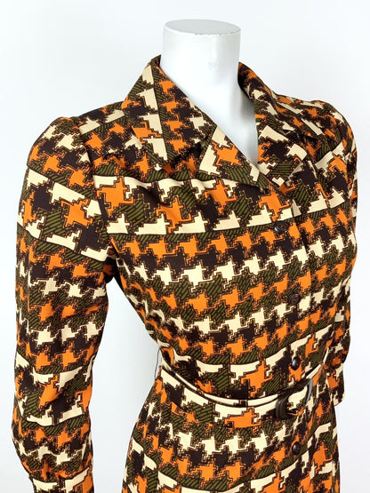 VINTAGE 60s 70s ORANGE BROWN GREEN CREAM GEOMETRIC HOUNDSTOOTH SHIRT DRESS 12 14