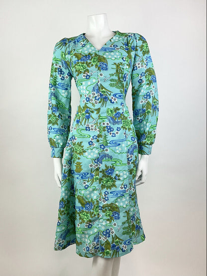 VINTAGE 70s BLUE GREEN GREY FLORAL BIRD PAGODA ORIENTAL SWING DRESS 10 12