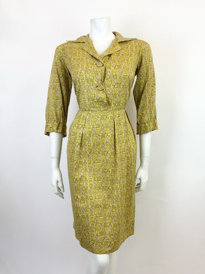 VTG 60s 70s YELLOW BEIGE BLACK SWIRLING GEOMETRIC PSYCHEDELIC SHIRT DRESS 12 14