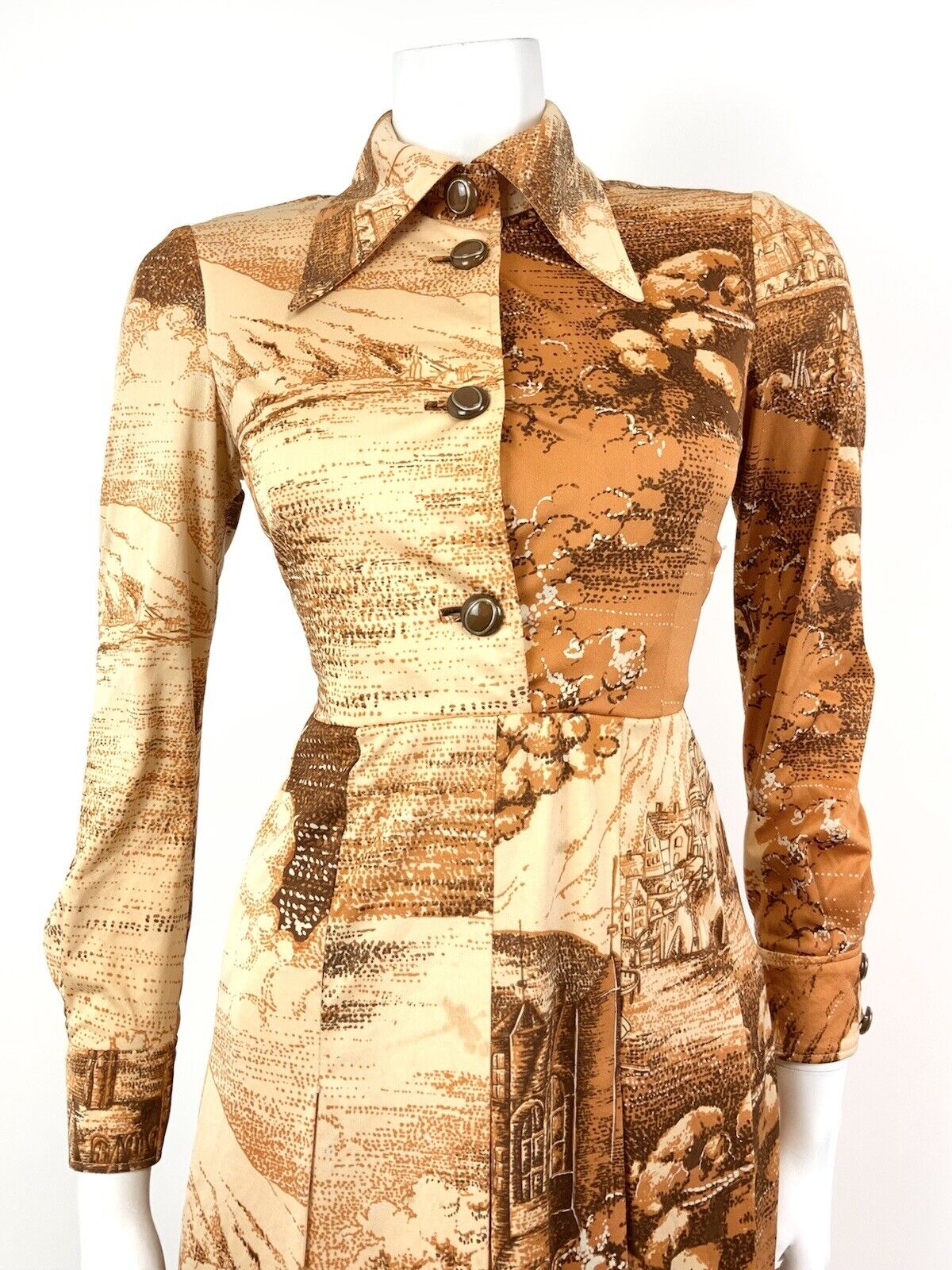 VINTAGE 60s 70s ORANGE BROWN CREAM PASTORAL FARM BOHO DAGGER SHIRT DRESS 8 10