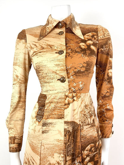 VINTAGE 60s 70s ORANGE BROWN CREAM PASTORAL FARM BOHO DAGGER SHIRT DRESS 8 10