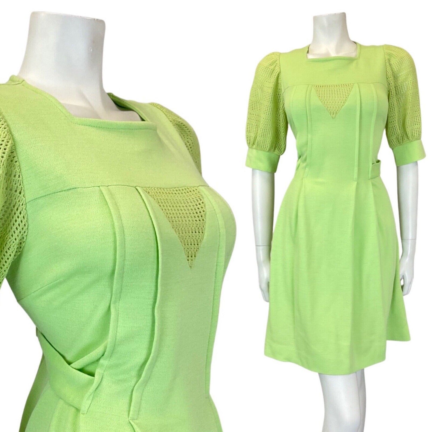 VINTAGE 60s 70s LIME GREEN CROCHETED KNITTED MOD PUFF SLEEVE SHORT DRESS 8 10