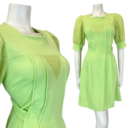 VINTAGE 60s 70s LIME GREEN CROCHETED KNITTED MOD PUFF SLEEVE SHORT DRESS 8 10