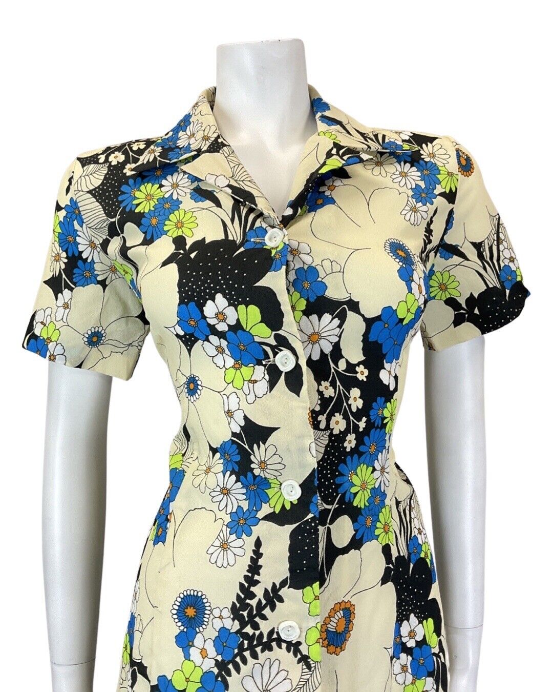 VINTAGE 60s 70s CREAM BLUE BLACK PSYCHEDELIC FLOWER MOD SHIRT DRESS 10 12