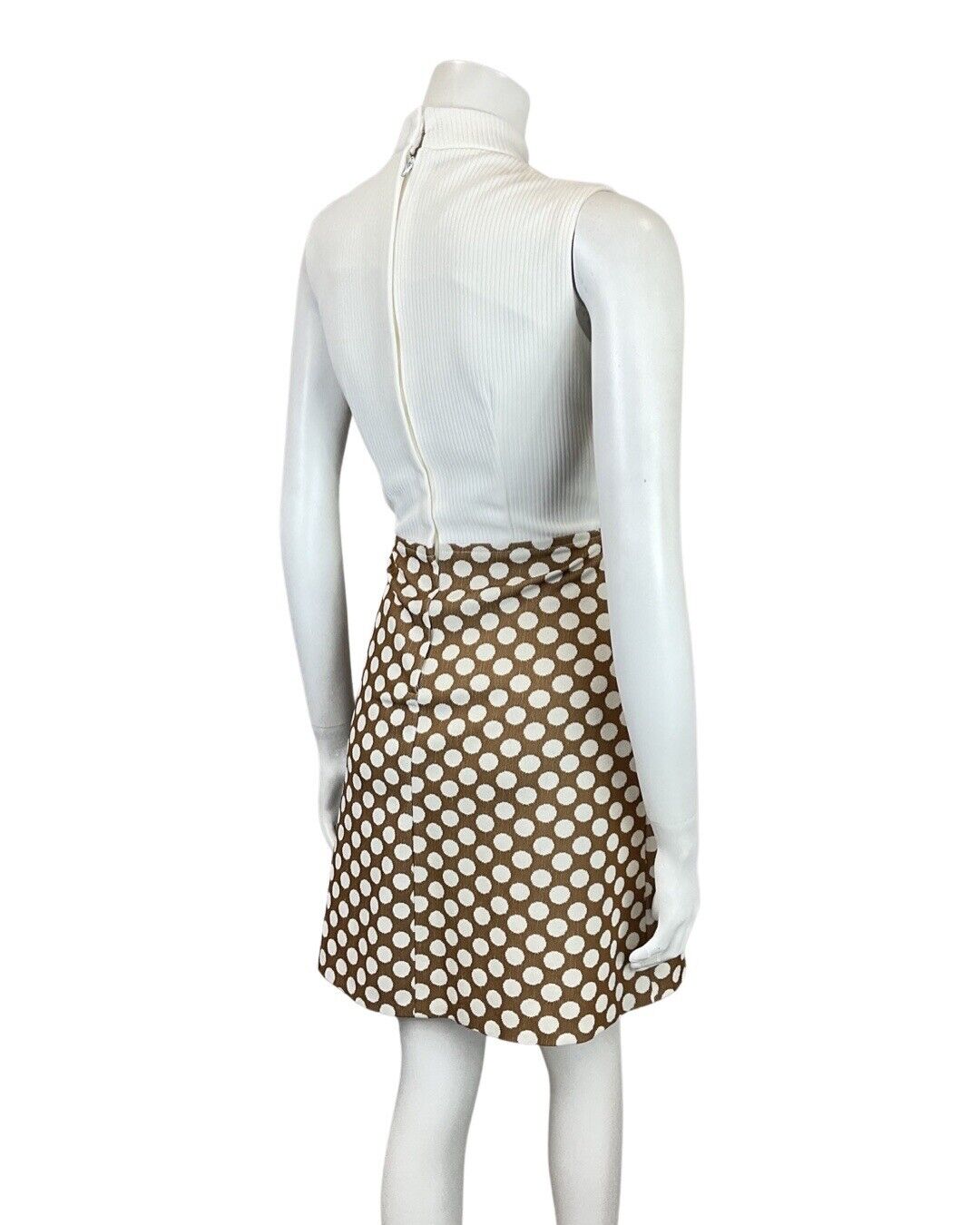 VINTAGE 60s 70s BROWN WHITE POLKA DOT MOD SLEEVELESS SUMMER DRESS 8 10