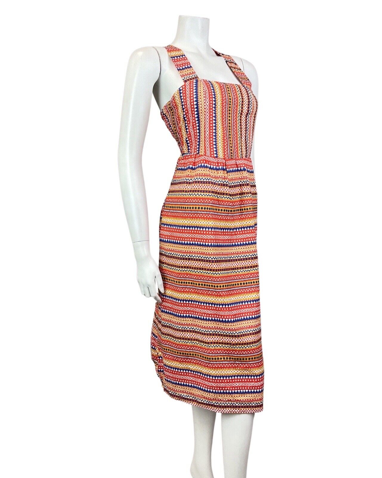 VINTAGE 60s 70s RED BLUE GOLD STRIPED GEOMETRIC DOTTY APRON SUMMER DRESS 6