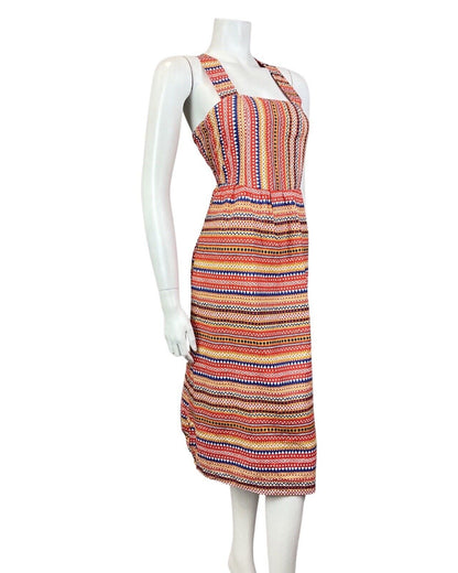 VINTAGE 60s 70s RED BLUE GOLD STRIPED GEOMETRIC DOTTY APRON SUMMER DRESS 6