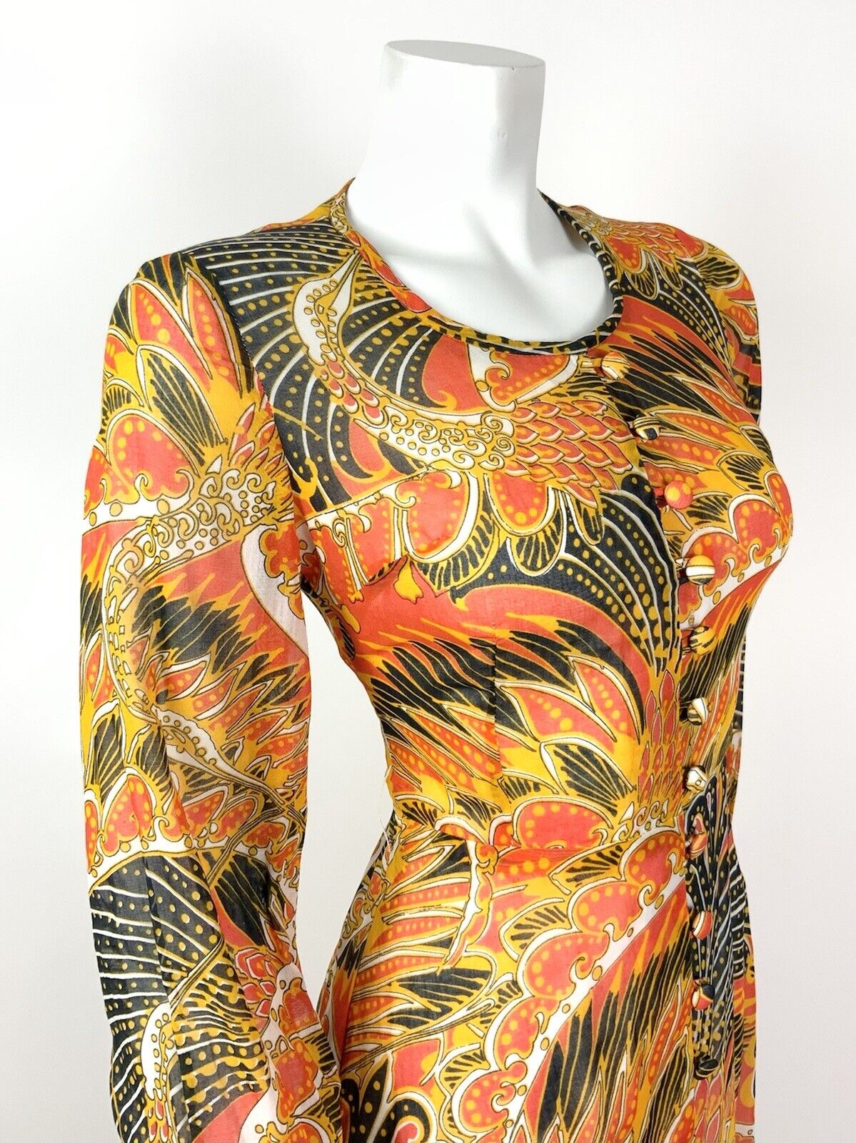 VTG 60s 70s ORANGE YELLOW BLACK FEATHER PSYCHEDELIC CARNIVAL SHEER DRESS 8 10