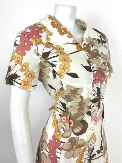 VINTAGE 60s 70s WHITE BROWN YELLOW PINK FLORAL CLOVER COLLAR DRESS 12 14