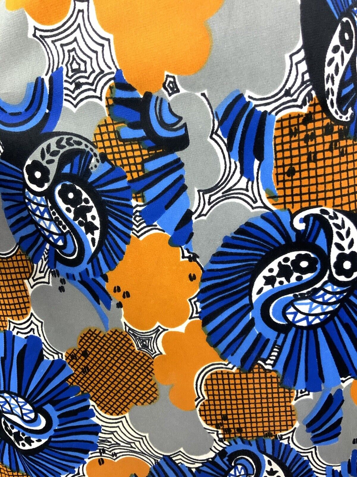 VINTAGE 60s 70s BLUE SILVER YELLOW PSYCHEDELIC FLORAL PAISLEY SHIRT DRESS 16 18