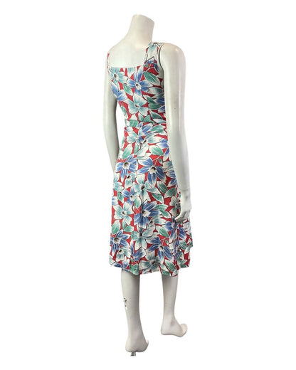 VINTAGE 70s 80s BLUE RED GREEN FLORAL SUMMER SWING SUN-DRESS 10