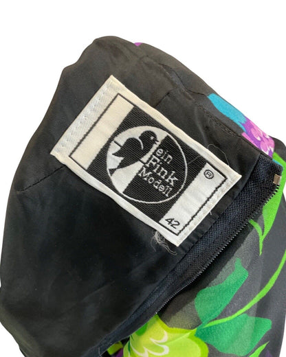 VINTAGE 60s 70s BLACK GREEN PURPLE FLORAL SHEER FLOATY SWING DRESS 14 16