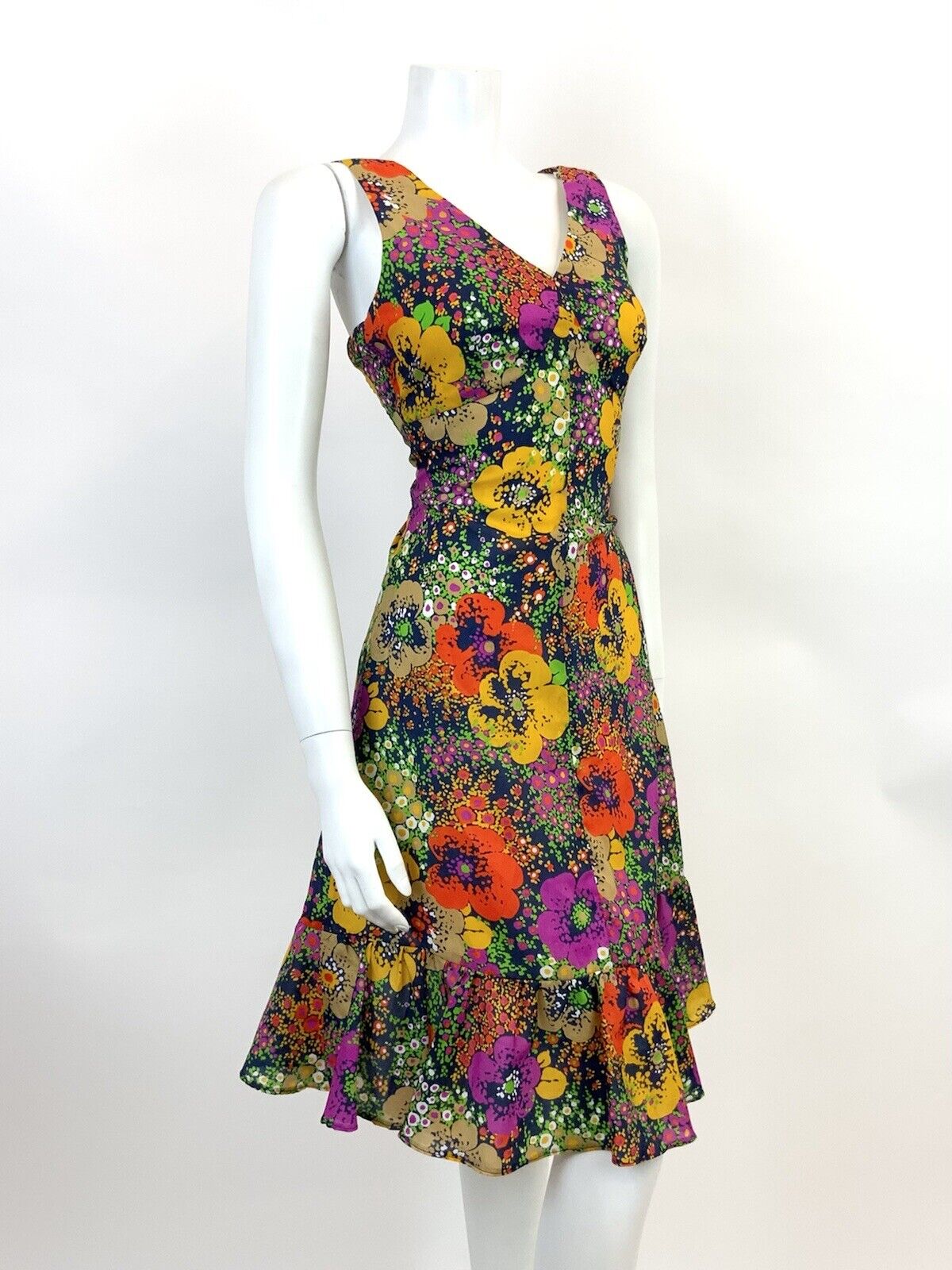 VINTAGE 60s 70s BLUE GREEN YELLOW RED FLORAL PSYCHEDELIC DOTTY SUMMER DRESS 8
