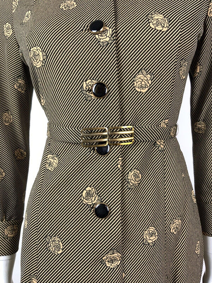 VINTAGE 60s 70s GOLD BLACK STRIPED ROSE FLORAL DAGGER SHIRT DRESS 10 12