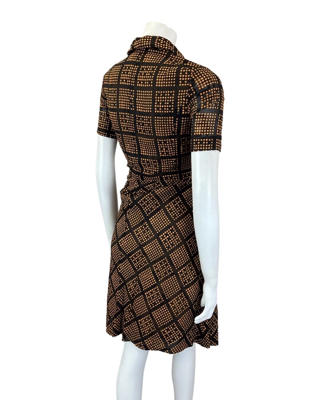 VINTAGE 60s 90s BLACK ORANGE DOTTY GRID CHECKED DAGGER COLLAR MOD SHIRT DRESS 10